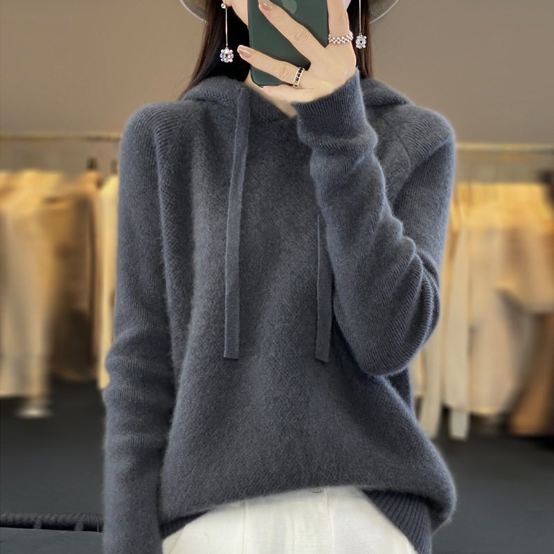东莞大朗毛衣针织衫清河100纯羊毛秋冬女装短款纯色帽衫套头打底
