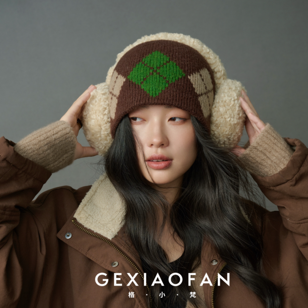 格小梵.韩系ins菱形拼色针织包头帽子女秋冬保暖毛线帽时尚