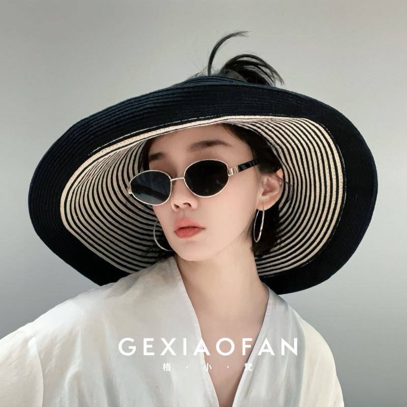格小梵&middot;正品&ldquo;自由时刻&rdquo;大帽檐草帽女时尚空顶百搭条纹可折叠帽