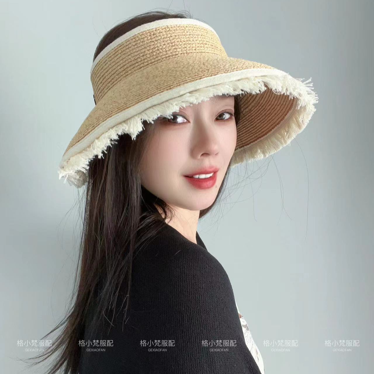 格小梵·正品日系大帽檐拉菲草防晒空顶草帽防紫外线夏季遮阳宽檐