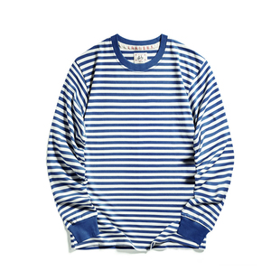t恤纯棉21蓝白条纹圆领宽松重磅打底衫 长袖 男女款 国潮八一海魂衫