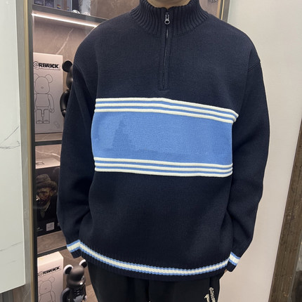 FW25Script Stripe Half Zip Sweater草写刺绣条纹logo半拉链毛衣