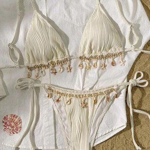 贝壳吊坠系带三角杯比基尼女士海边沙滩bikini women40 swimsuit
