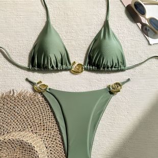 纯色简约配饰性感比基尼女士三角杯bikini海边沙滩温泉分体泳装