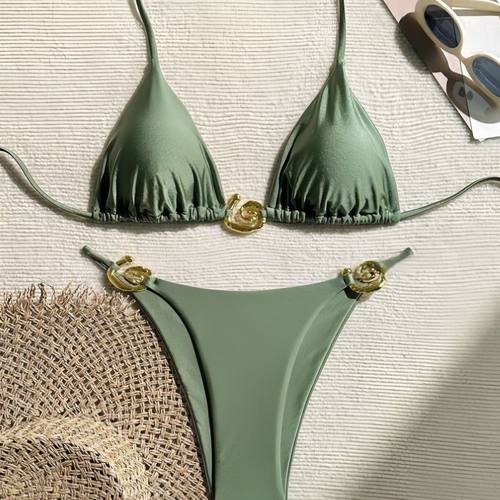 纯色简约配饰性感比基尼女士三角杯bikini海边沙滩温泉分体泳装66