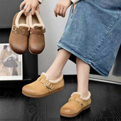 女2025秋冬软底牛皮真毛一脚蹬厚底乐福鞋 特价 真皮复古加绒勃肯鞋