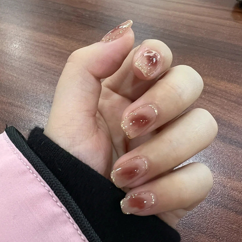 网红腮红美甲穿戴甲可拆卸成品指甲贴短款金粉假指甲甲片贴 nail