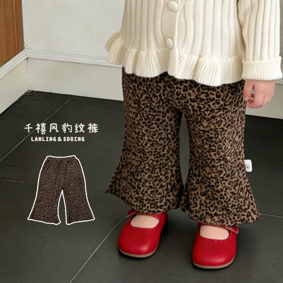 洋气女童早春时髦豹纹裤春季婴儿时尚宽松喇叭裤宝宝百搭外穿裤子