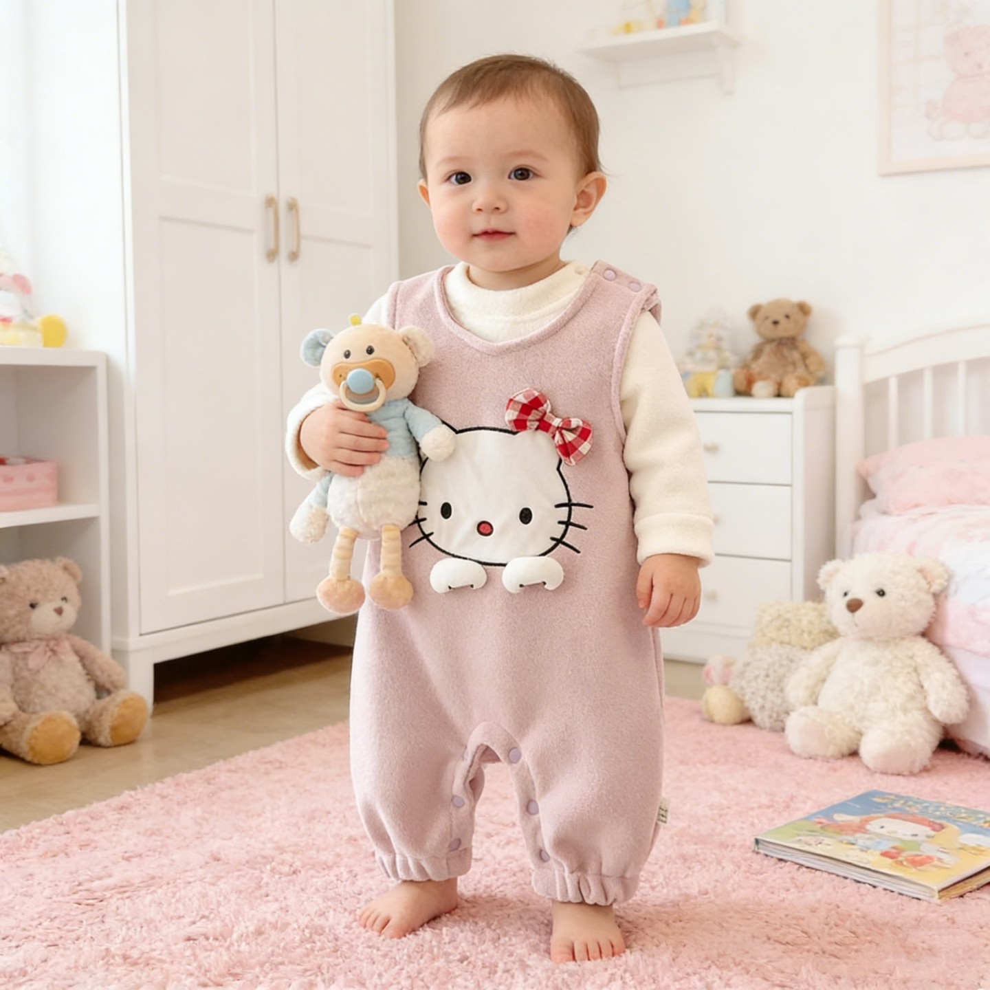 婴幼儿秋冬洋气套装可爱猫咪男女宝宝背带裤二件套加绒保暖衣服