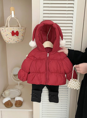女童红色羽绒服冬季婴幼儿衣服洋气宝宝白鸭绒保暖外套儿童拜年服