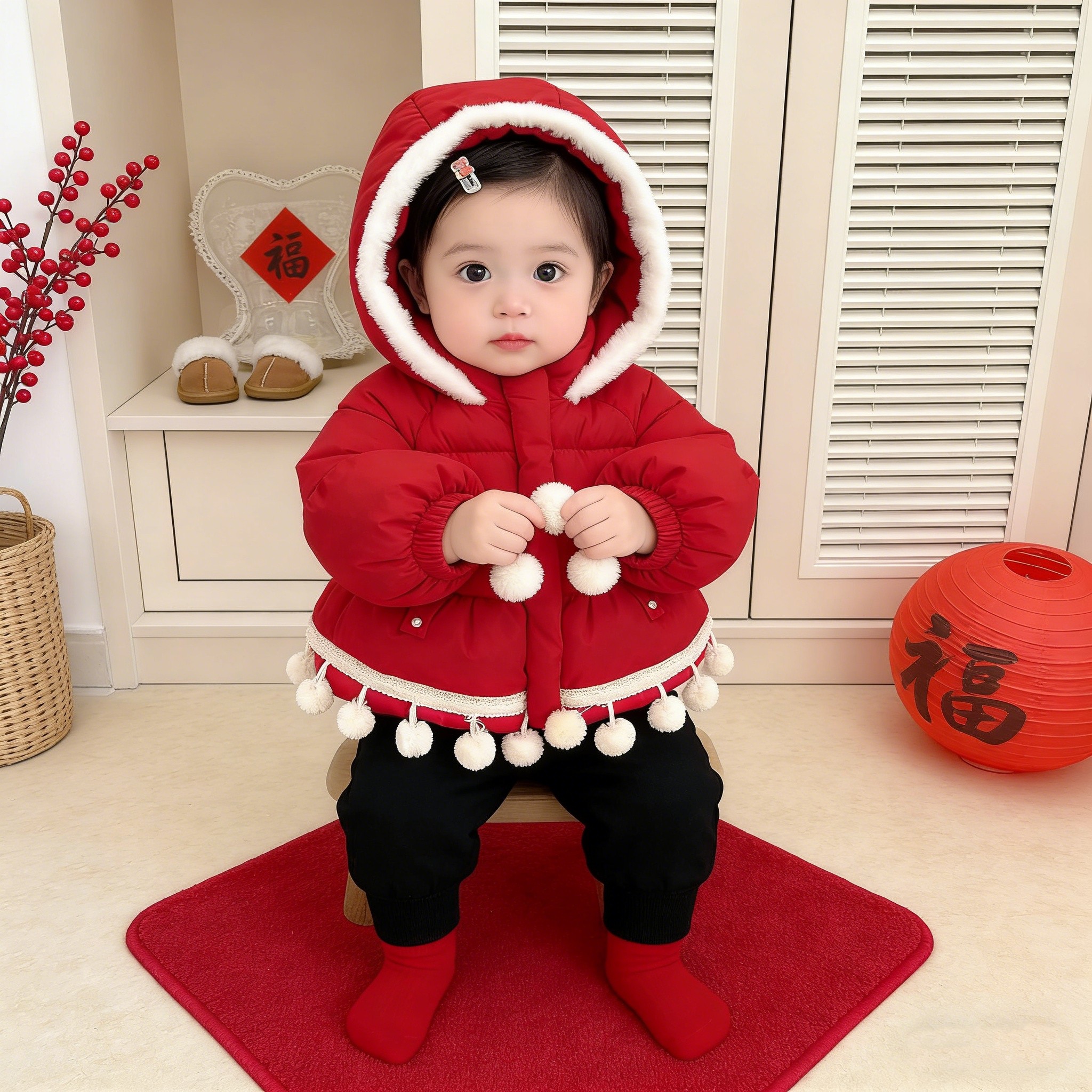 女童红色冬季棉服洋气宝宝连帽拼色毛球加厚棉衣婴儿保暖周岁过年