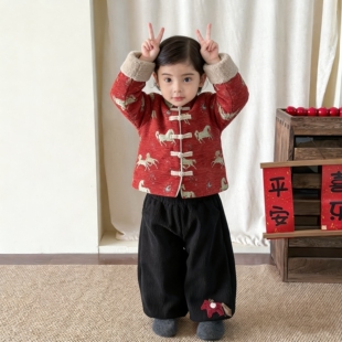 童装男童红色棉衣外套冬装加厚新中式中国风年服儿童棉服男宝衣服