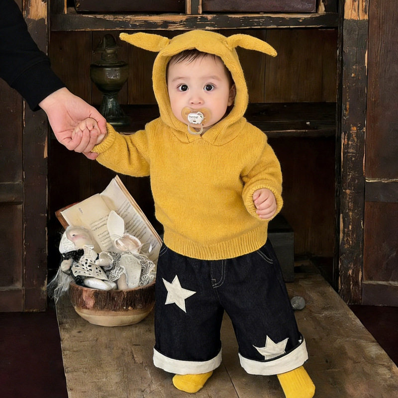 早春超萌韩系套装婴儿时尚连帽针织衫春秋季宝宝可爱毛衣百搭裤子