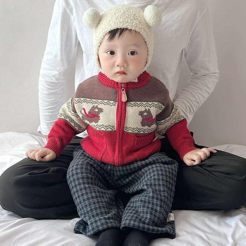 男童圣诞新年毛衣秋冬季婴儿加绒衣服新款宝宝红色喜庆加厚针织衫
