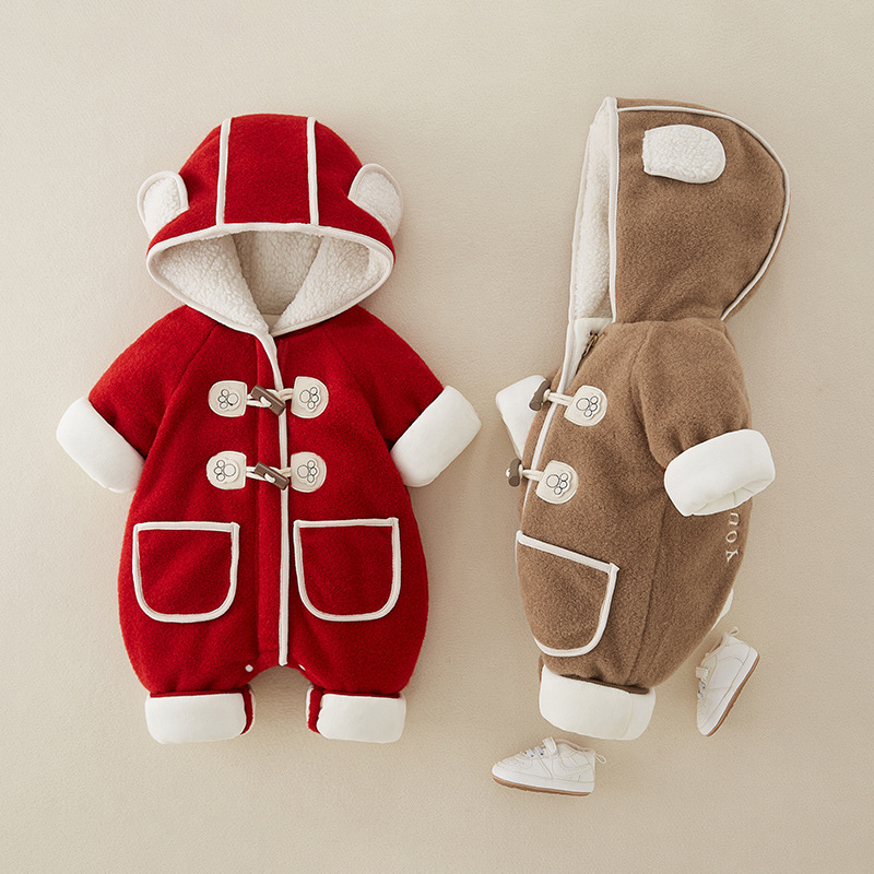 a类宝宝拜年服婴儿新年过年衣服冬季加绒加厚保暖棉服连体衣童装