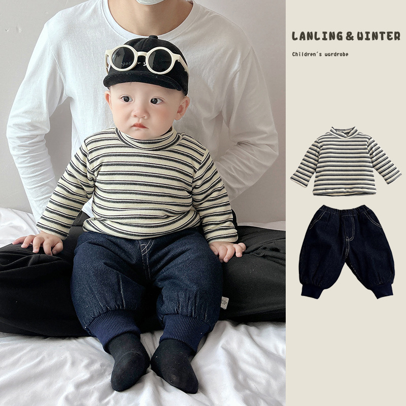 宝宝秋冬季夹棉打底衫套装婴幼儿条纹衣服冬装儿童加绒保暖牛仔裤