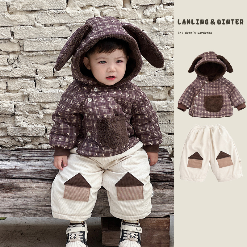韩国冬装男宝宝加绒棉服套装超萌小童兔耳朵加厚外套婴儿保暖裤子