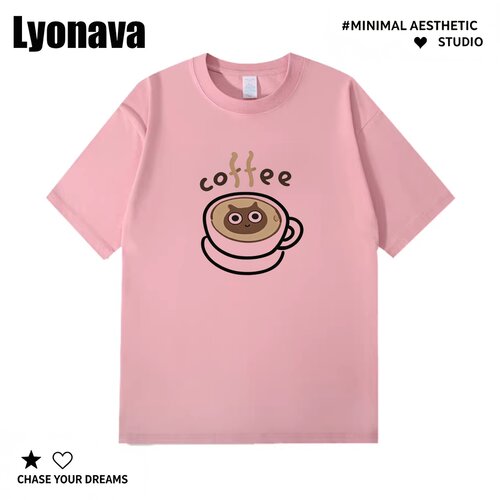 Lyonava【喵星人咖啡拉花】夏季趣味coffee小猫短袖t恤男纯棉宽松