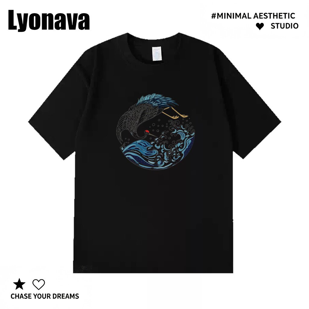 Lyonava夏季潮牌中国风白鹤海浪印花t恤短袖男国潮学生宽松纯棉圆