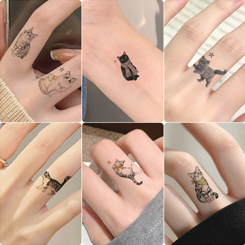 她画 猫咪猫爪指环戒指彩色纹身贴 防水持久女手腕贴纸高级感可爱