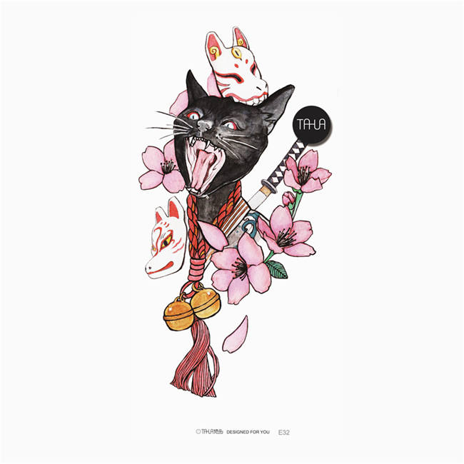 她画 暗黑系黑猫 胸口纹身贴女浮世绘花臂图案胸前防水持久