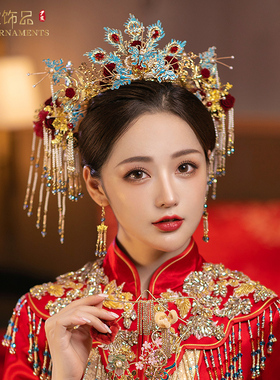 凤冠头饰新款新娘大婚秀禾发饰中式婚礼结婚饰品蓝色凤凰高级
