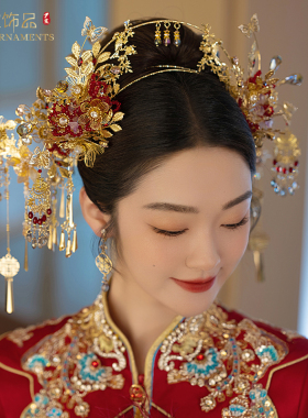 尹霞饰品红色圣女冠秀禾服头饰中式新娘结婚发饰饱满后压新款后压