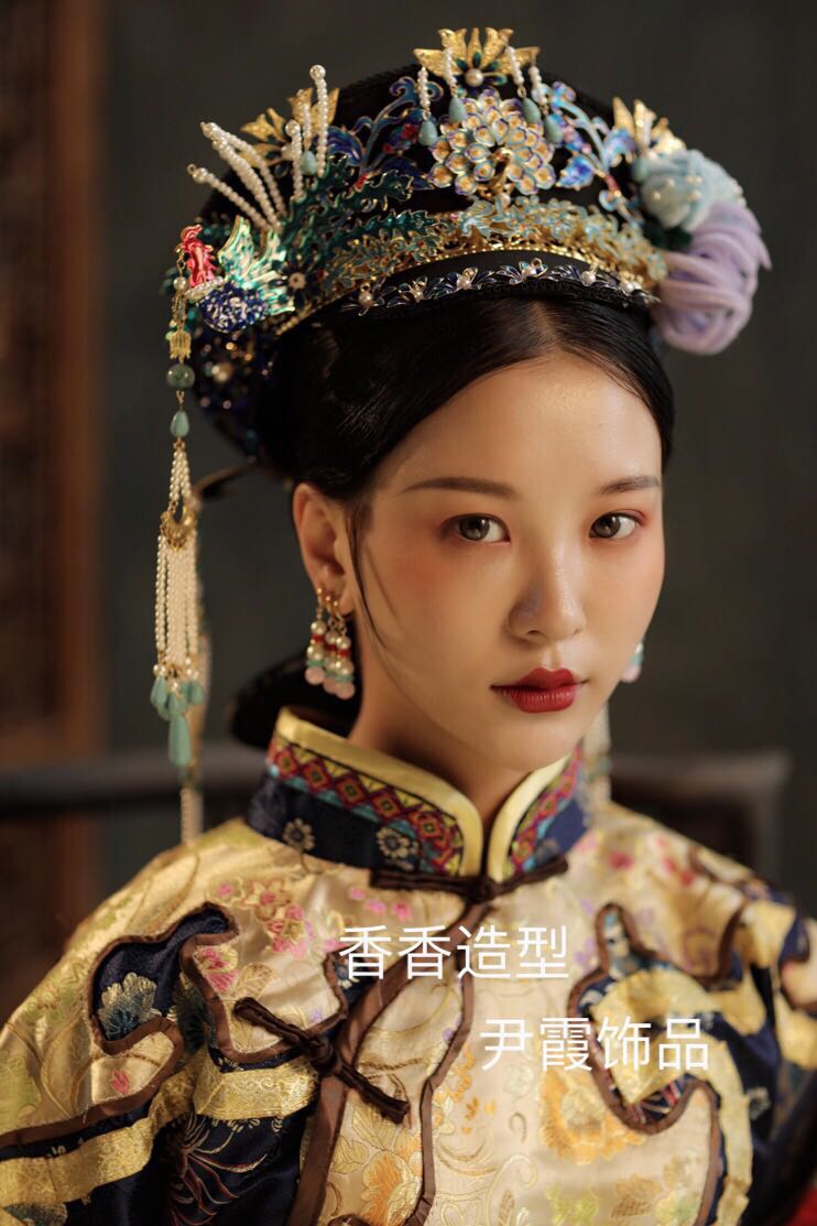 宫廷皇后帽子甸子古装头饰发饰绒花饰品景泰蓝头饰仿点翠甸子t026