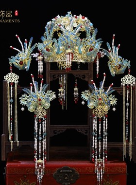 尹霞饰品新款中式新娘头饰秀禾凤冠汉服发冠流苏步摇凤钗蓝色高级