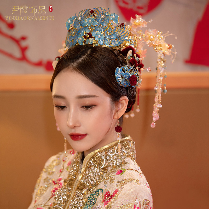 中式婚礼新娘头饰新款秀禾服凤冠结婚饰品景泰蓝高级大气复古手工