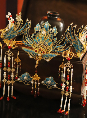 汉服婚嫁头饰新娘绣片饰品中式婚嫁凤冠原创手工古装婚纱照道具