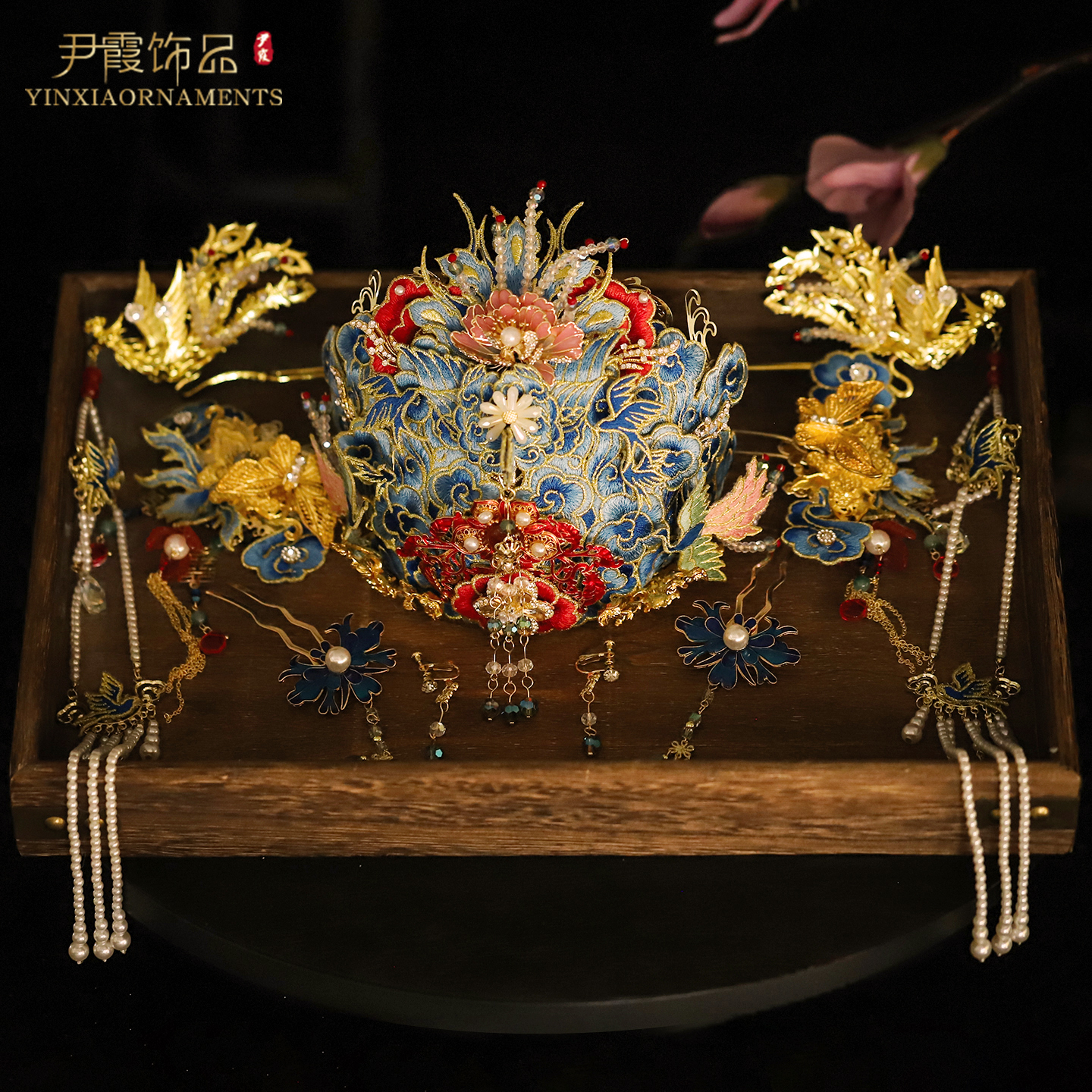 汉服婚嫁凤冠仿点翠绣片饰品唐风结婚饰品古典新娘头饰原创设计