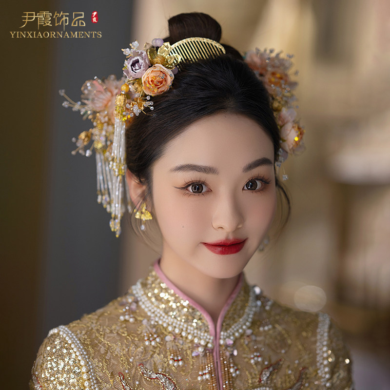 新款中式秀禾服新娘鲜花头饰减龄仿真花粉嫩流苏饰品古风发簪