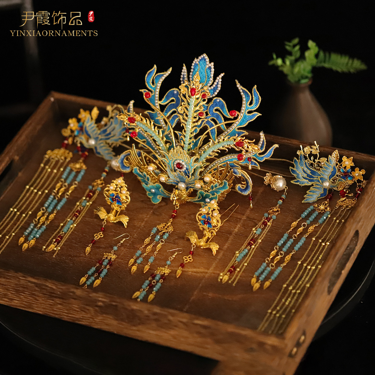 新款明制汉服头饰蓝色新娘凤冠中式婚礼古装发冠凤凰头冠凤钗步摇