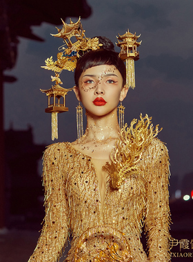 古装新娘头饰中式结婚照金色夸张向前摄影道具样片饰品原创手工