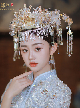 新款蓝色琉璃花凤冠头饰新娘秀禾发饰中式婚礼结婚配饰奢华大气