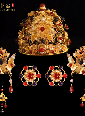 明制小发冠汉服发饰狄髻冠古装新娘头饰宝石镶嵌古风饰品掩鬓手工