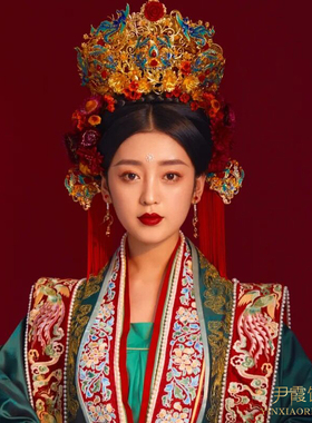 明制凤冠汉服中式婚礼新娘头饰新款秀禾服宋制发冠红流苏步摇大气