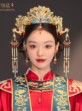 新款中式新娘头饰凤冠明制汉服秀禾结婚发冠配饰原创高端奢华蓝色