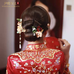 绒花头饰新娘秀禾敬酒服中式 发饰盘发发簪结婚饰品原创手工新款