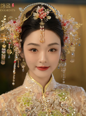 中式新娘红色圣女冠秀禾服头饰中式新娘结婚发饰饱满后压新款后压