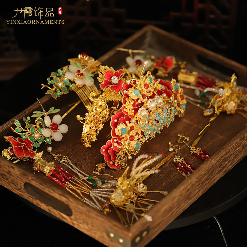 明制唐风结婚汉服婚礼发冠套装古风新娘红色华丽头冠原创设计摄影