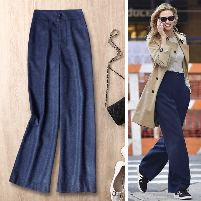 高腰西裤高级垂坠感藏蓝色女冬季新款长裤职业直筒阔腿裤737