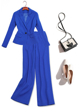 春季克莱因蓝色阔腿裤套装时尚气质修身西服高腰宽松直筒西裤327