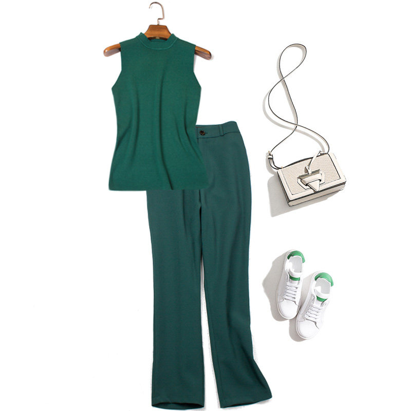 春季时尚九分裤女墨绿色针织衫套装洋气修身显瘦烟管裤西装裤443
