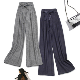 气质百搭人字纹毛料高腰宽腿裤 欧美时尚 553 束腰阔腿长裤 秋冬新款