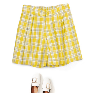 女活力少年感松紧高腰裤 凉快清爽减龄阔腿裤 366 黄色格子短裤 夏装