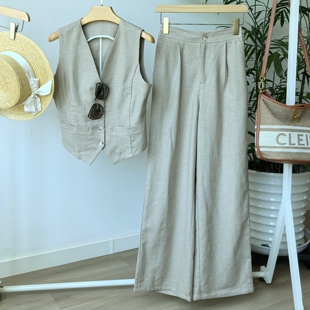 卡其色亚麻薄款马甲凉快透气休闲套装女阔腿裤老钱风夏季马夹643