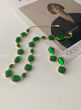 中古风vintage复古气质法式绿色琉璃方形几何夸张短款项链耳环女