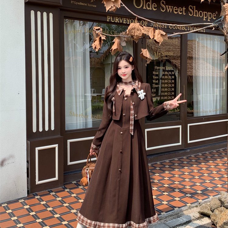 实拍 大码胖mm法式复古女秋格子西装外套连衣裙两件套